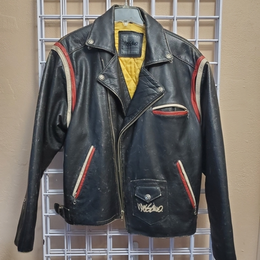 Vintage Black Leather Jacket with Red and White Details
